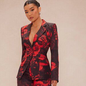 Floral Red and Black Women's Pant Suit 2 Piece